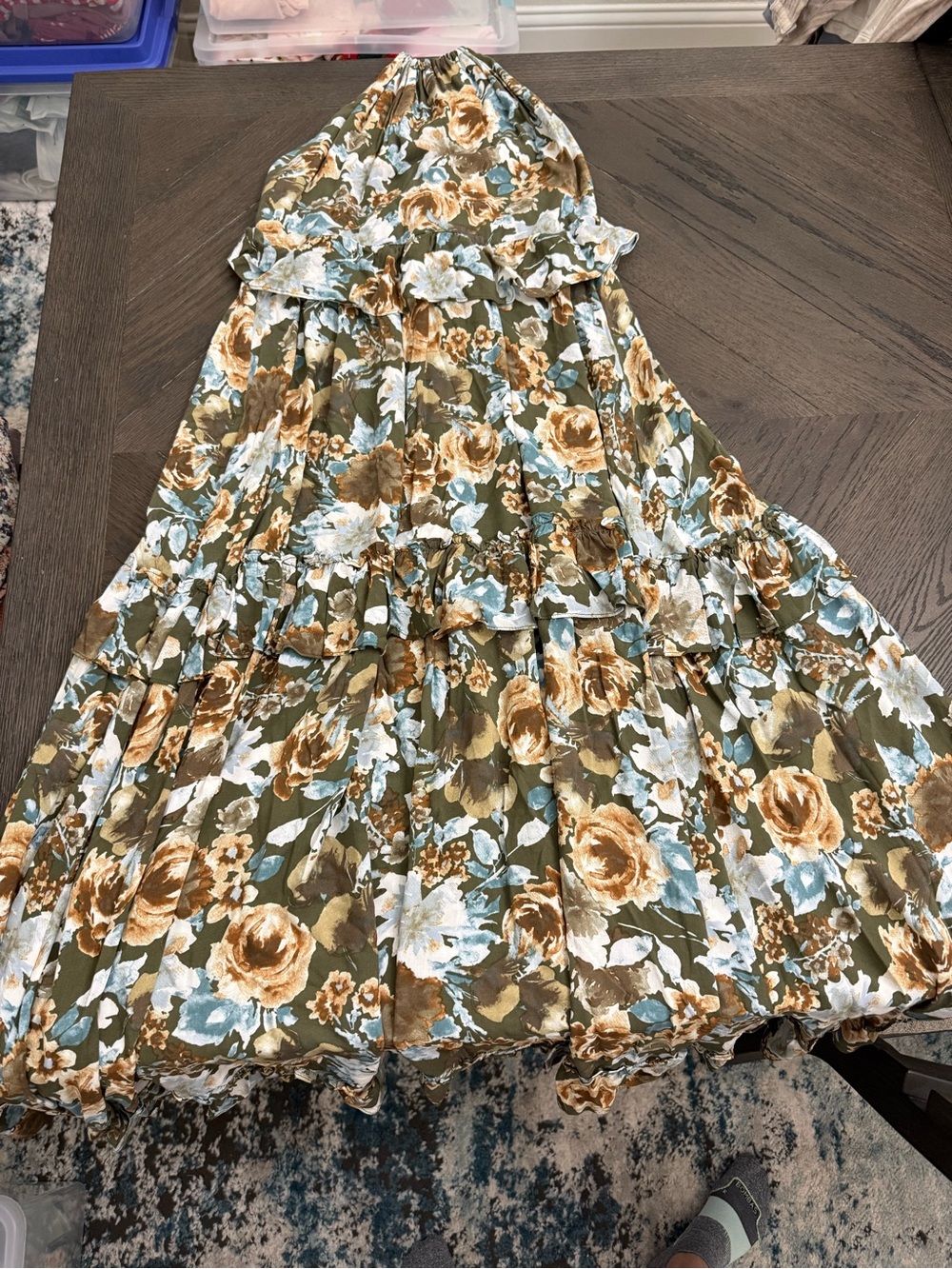 Olive Floral Tiered Midi Dress with Blue & Tan Blooms